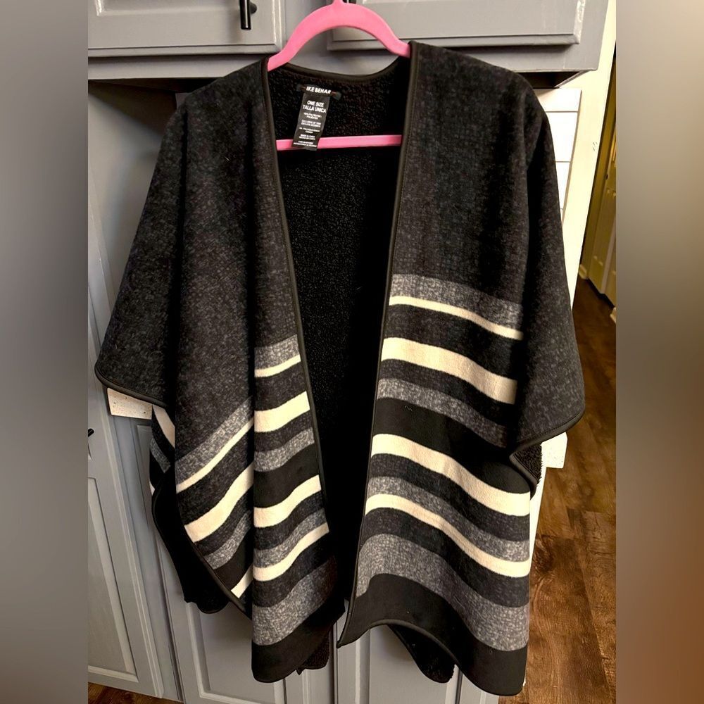 Black and Gray Striped Poncho Blanket by Ike Behar